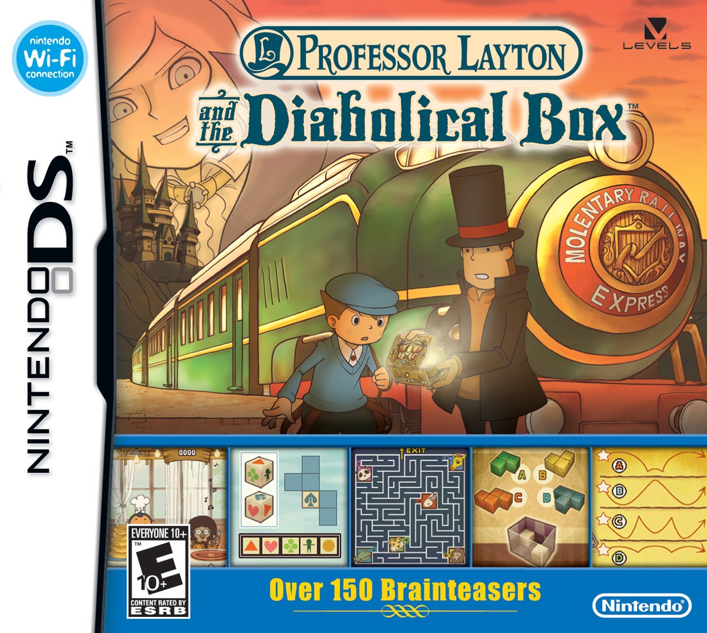 the NDS box art for Professor Layton and the Diabolical Box. it shows Layton and Luke standing in front of a train looking into a bejeweled box with light emanating from it. in the background, the face of a grinning person with long hair is visible in the sky over a distant castle. the bottom of the art has a banner that says 'Over 150 brainteasers' with pictures of a few puzzles that appear in the game